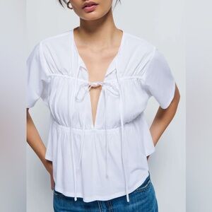 Nation LTD Robin Front Tie Short Sleeve Loose Cotton Top in White SMALL NEW